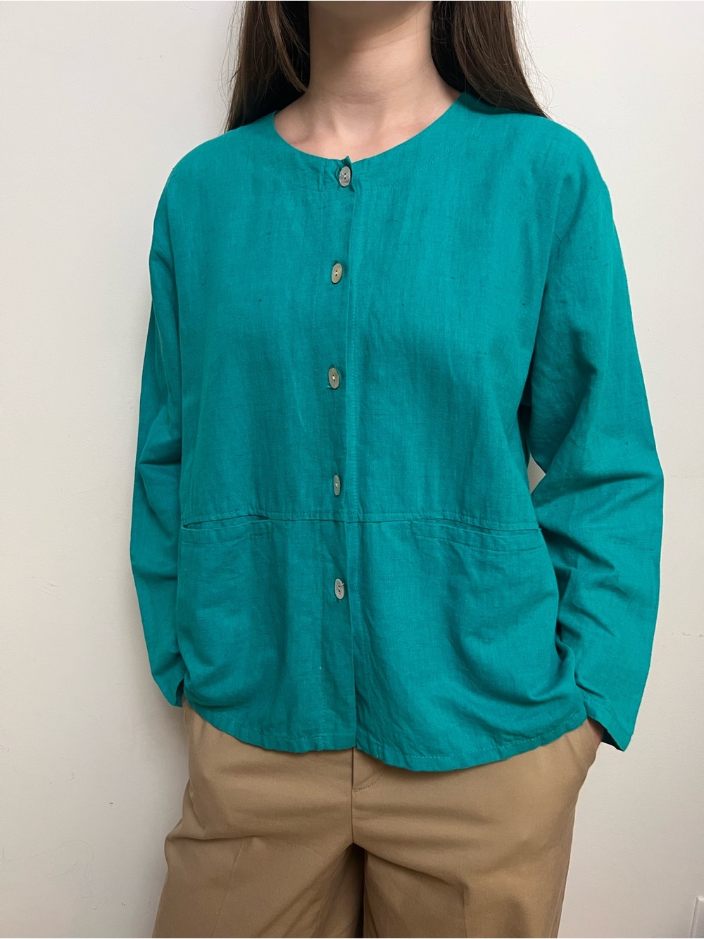 Vintage Coldwater Creek Linen Cotton Turquoise Blouse Shirt Size S Made in USA